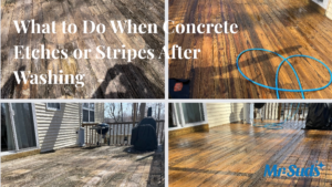 Light and dark stripes on a concrete driveway caused by pressure washer etching through the cement paste