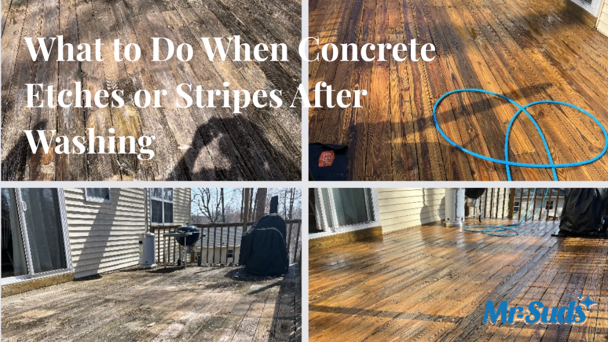 Light and dark stripes on a concrete driveway caused by pressure washer etching through the cement paste