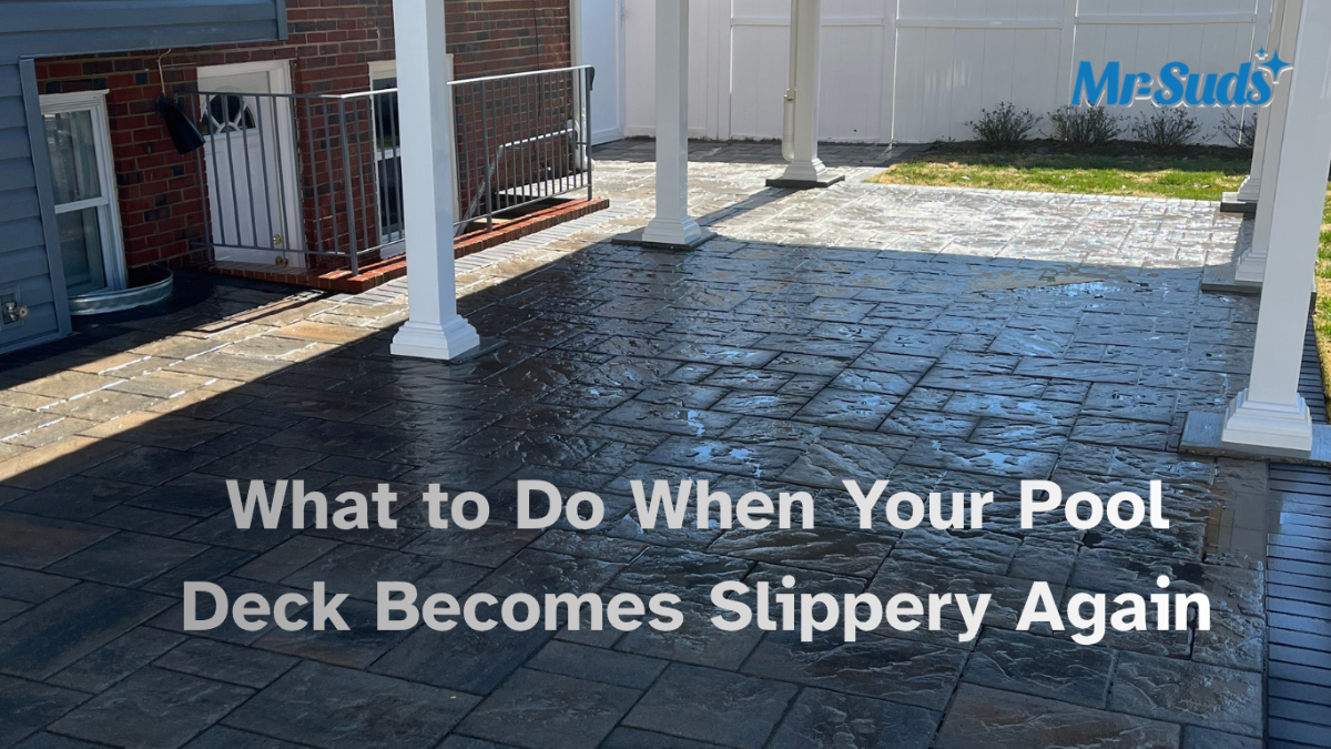 Professional soft washing a slippery concrete pool deck in Hartford CT to remove algae, biofilm, and restore safe, non-slip traction around the swimming pool.