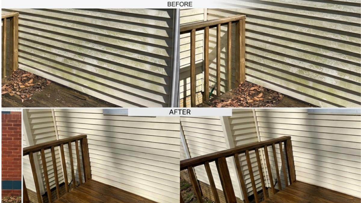 Deck stain peeling unevenly after cleaning, showing bare wood and failing stain on pressure-treated deck boards in Connecticut