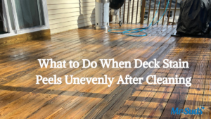 Deck stain peeling unevenly after cleaning, showing bare wood and failing stain on pressure-treated deck boards in Connecticut