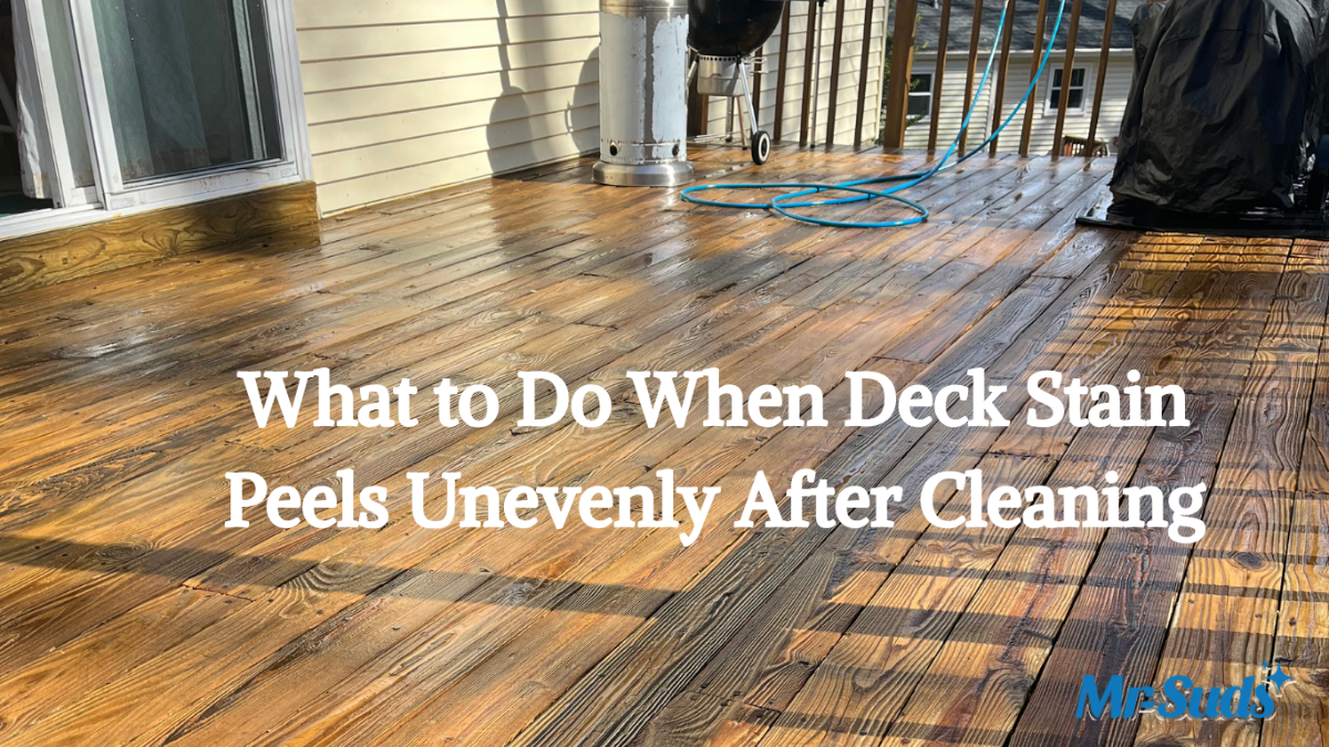 Deck stain peeling unevenly after cleaning, showing bare wood and failing stain on pressure-treated deck boards in Connecticut