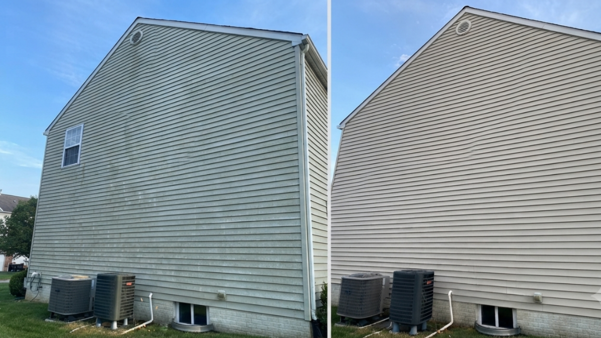 Homeowner cleaning debris from micro mesh gutter guards on a Newington CT home using a soft brush to prevent gutter overflow, clogged guards, and winter ice dams.