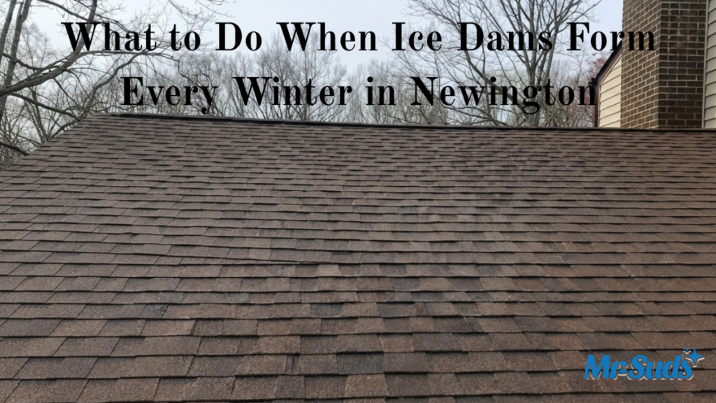 Newington CT home with roof ice dams and icicles showing winter roof damage, gutter cleaning, attic insulation, and ice dam prevention tips.
