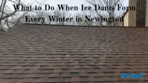 Newington CT home with roof ice dams and icicles showing winter roof damage, gutter cleaning, attic insulation, and ice dam prevention tips.