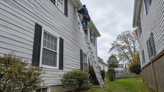 Ladder Work Along the Gutter