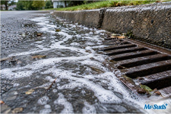 Soapy Runoff Into Storm Drain