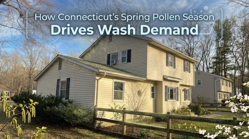 Connecticut spring pollen season covering house siding and outdoor surfaces with yellow pine pollen