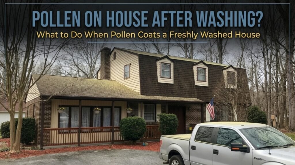 Freshly washed house with clean vinyl siding during Connecticut pollen season