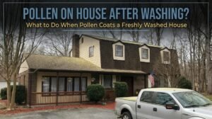 Freshly washed house with clean vinyl siding during Connecticut pollen season