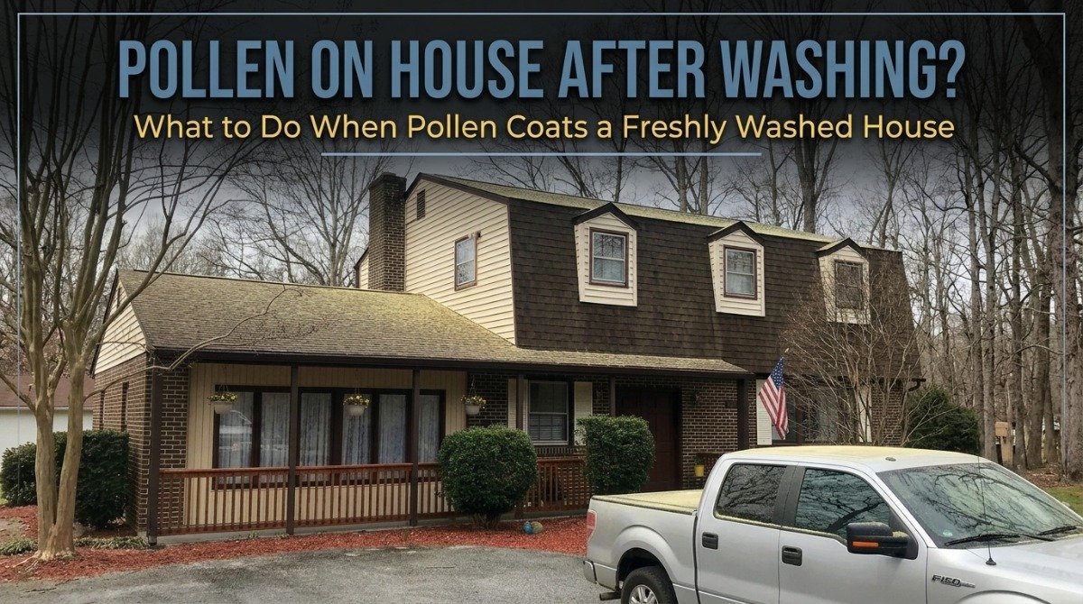 Freshly washed house with clean vinyl siding during Connecticut pollen season