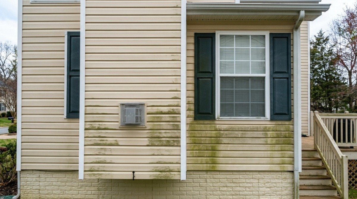 Dirty vinyl siding on a Newington home before real estate listing photos