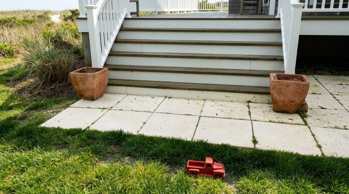 Green algae and mildew buildup on shaded vinyl siding of a Connecticut home.
