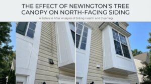 North-facing siding under tree canopy in Newington CT showing green algae buildup