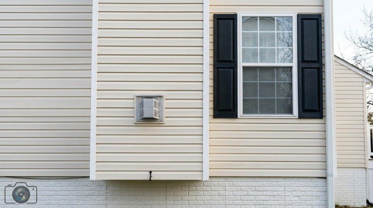 Green algae buildup on north-facing vinyl siding before a home listing photo shoot