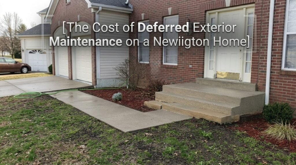 Cost of deferred exterior maintenance on a Newington CT home with green siding, roof algae streaks and a weathered wood deck.