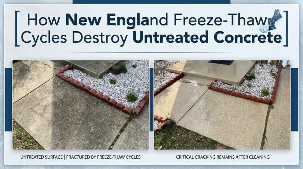 New England freeze-thaw cycles causing surface damage to an untreated concrete driveway in Connecticut