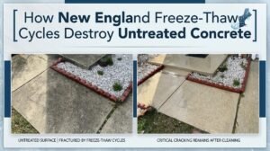 New England freeze-thaw cycles causing surface damage to an untreated concrete driveway in Connecticut